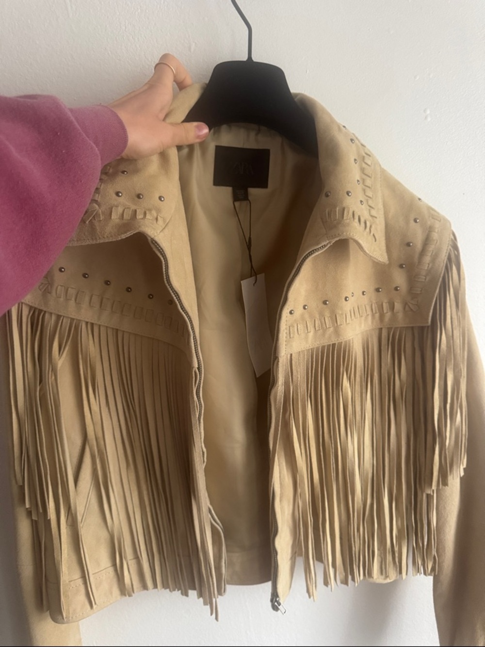 ZARA Beige Suede Fringe Jacket with Stud Detail Large nwt